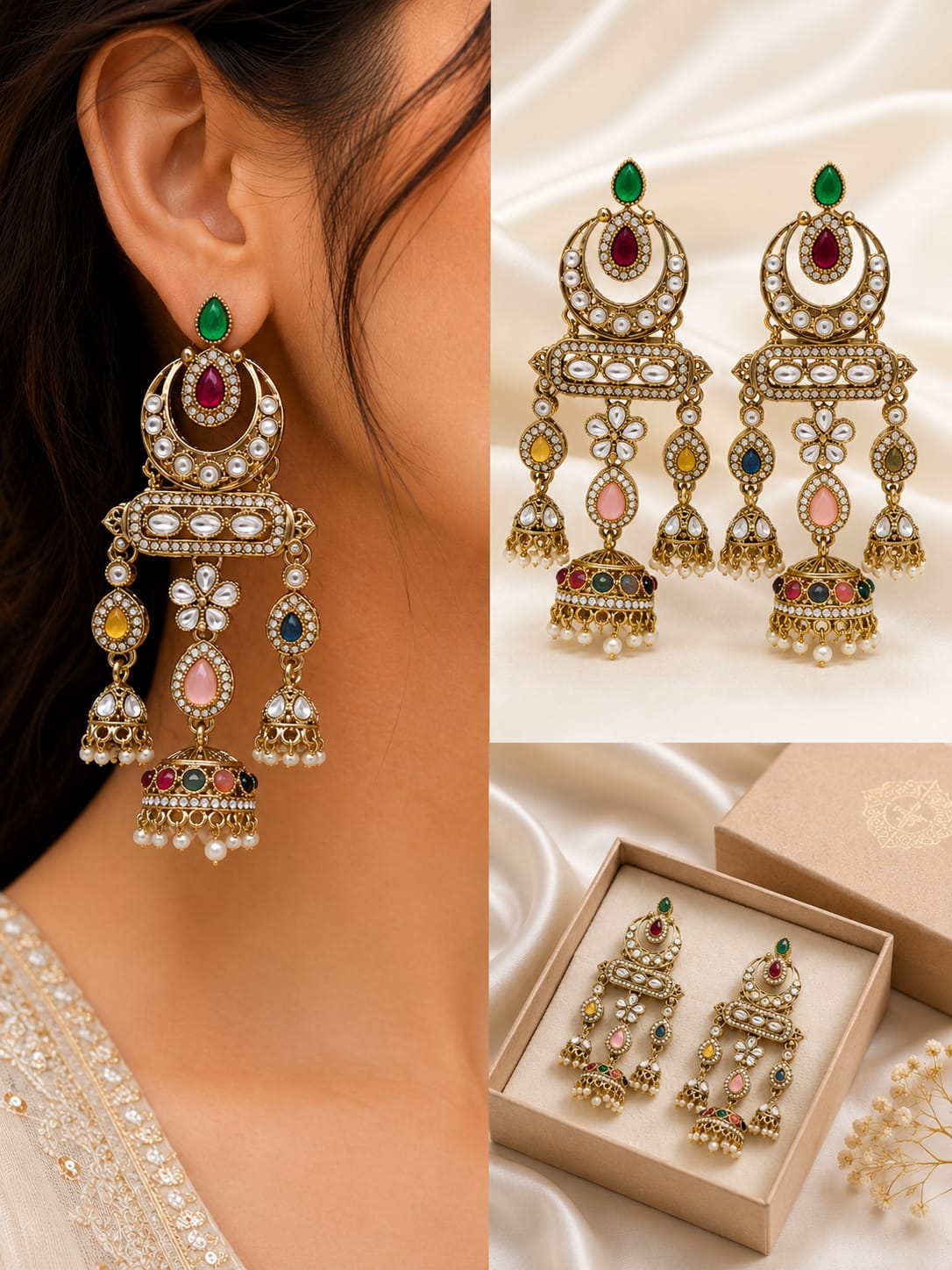Antique Gold Kundan Chandbali Jhumka Earrings