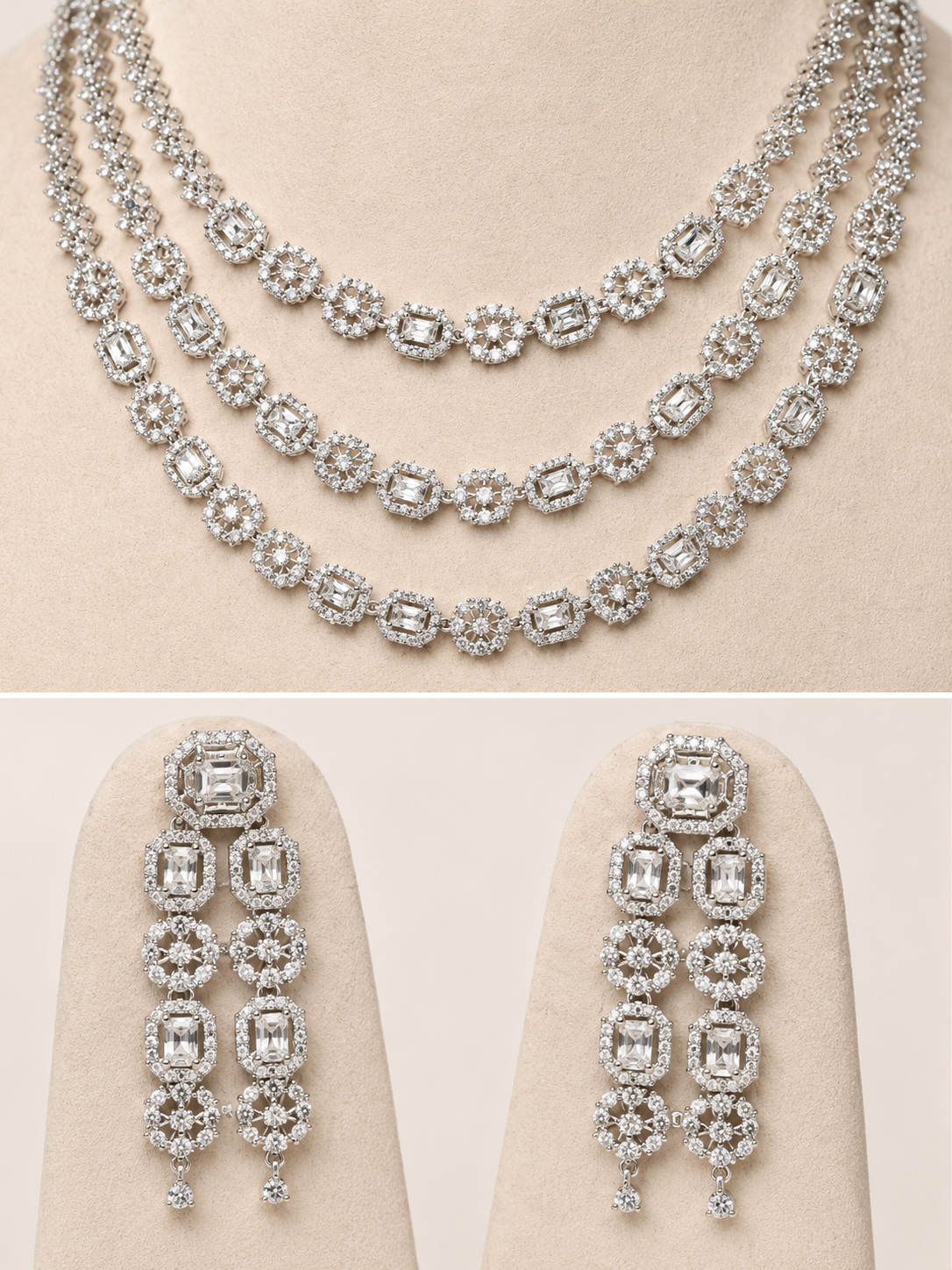 Luxury American Diamond Triple Layer Necklace & Earrings Set for Women