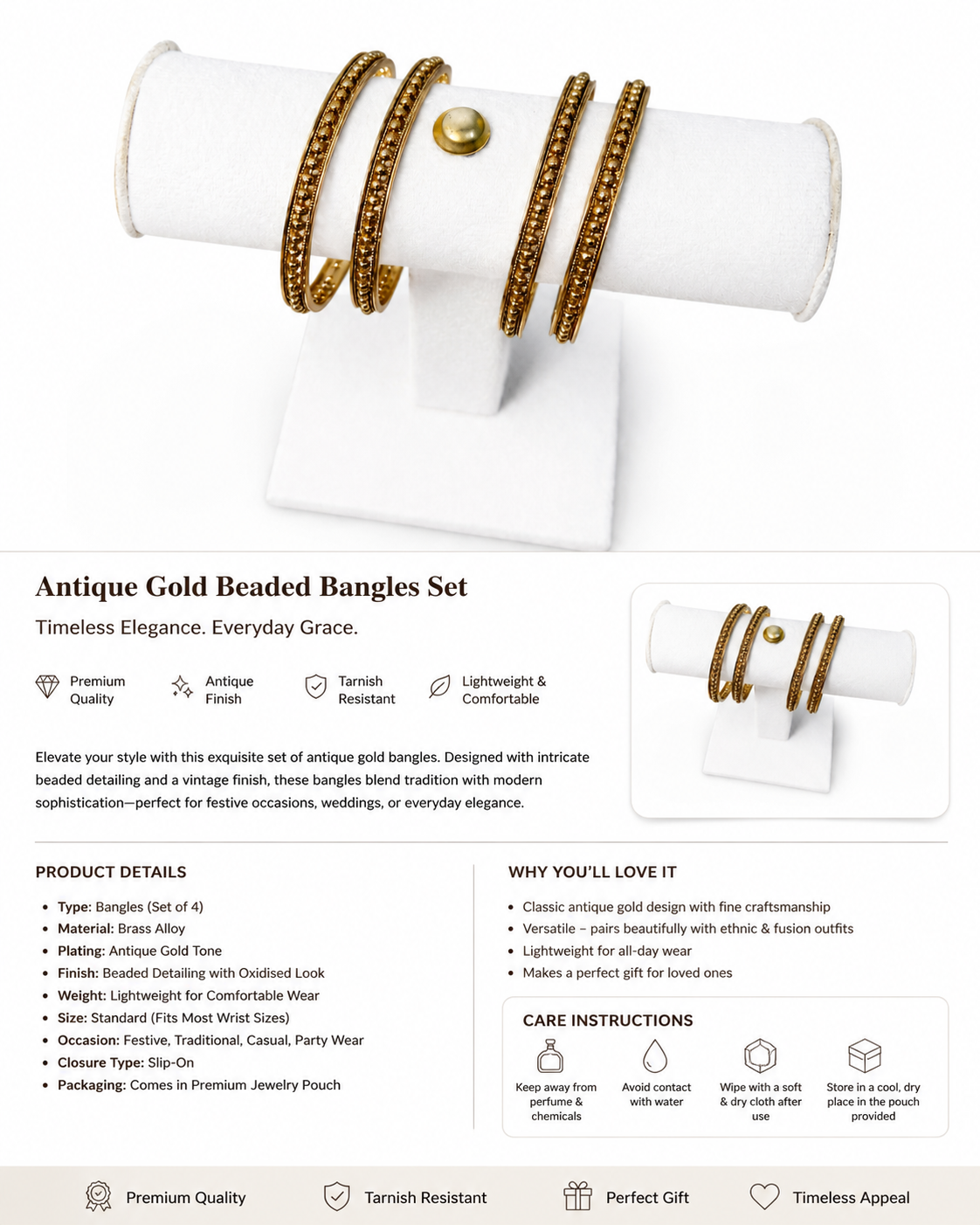 Traditional Antique Gold-Tone Textured Bangles Set of 4 | Ethnic Women's Bracelet Stack