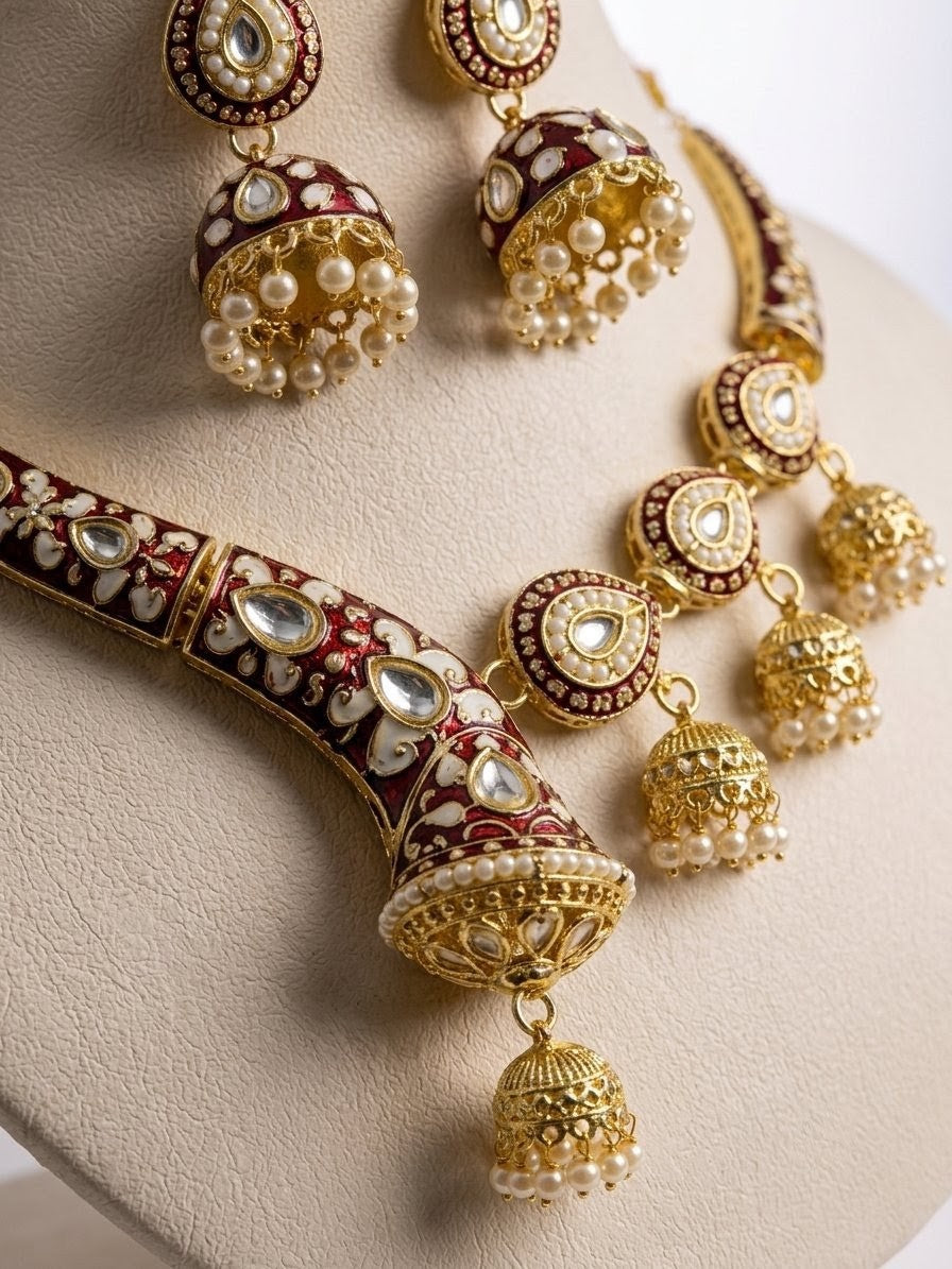 Royal Maroon Kundan Pearl Jhumka Necklace Set for Women | Traditional Indian Ethnic Jewellery Set