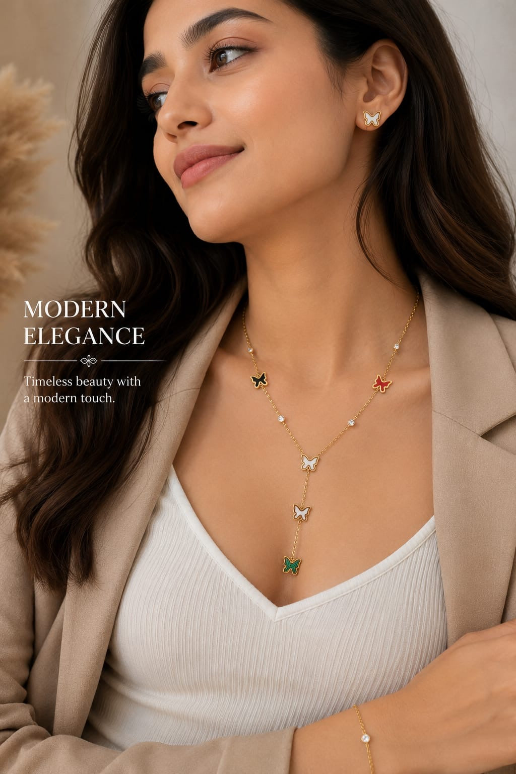 Butterfly Y Necklace for Women – Gold-Tone Enamel Butterfly Pendant