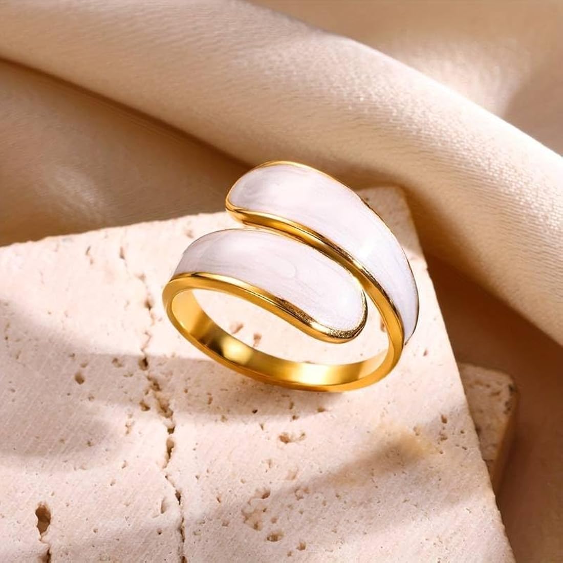 Anti tarnish  Elegant White Enamel Gold-Tone Statement Ring for Women | Minimalist Luxury Fashion Jewelry