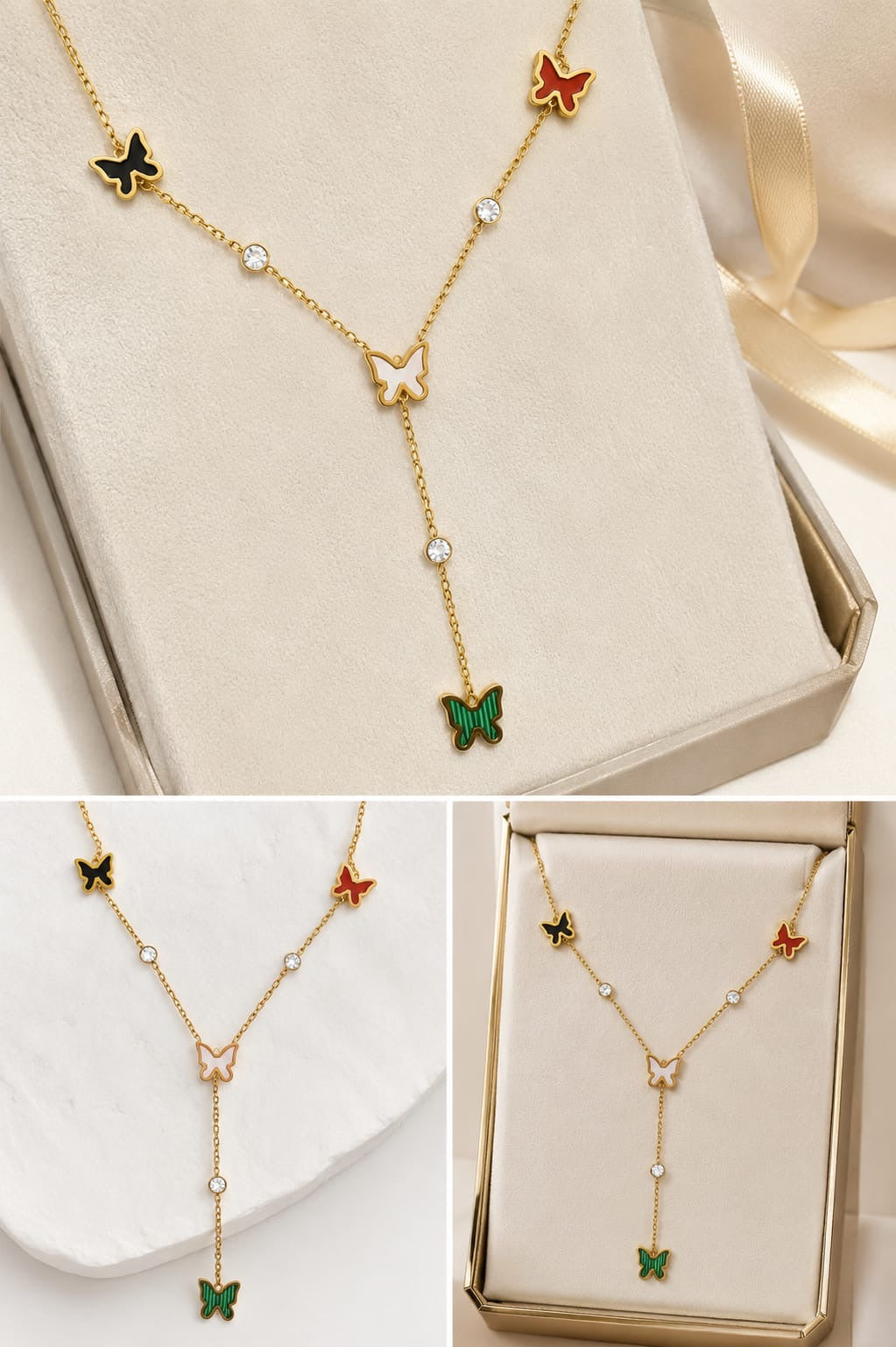 Butterfly Y Necklace for Women – Gold-Tone Enamel Butterfly Pendant