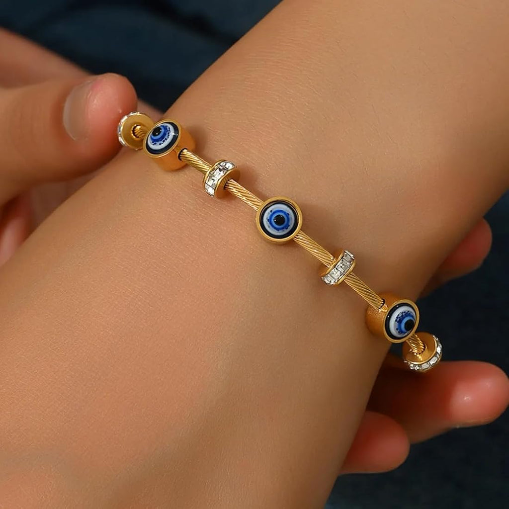 Anti tarnish Gold Tone Evil Eye Bracelet for Women – Blue Enamel Nazar Charm,