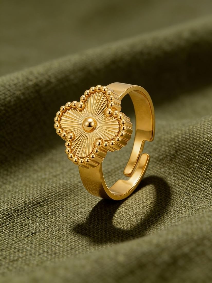 Anti tarnish  Gold-Tone Quatrefoil Flower Finger Ring for Women | Elegant Vintage-Inspired Statement Ring