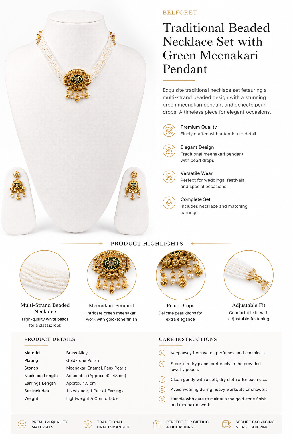 Royal Pearl & Green Kundan Choker Necklace Set with Earrings for Women | Traditional Ethnic Jewelr