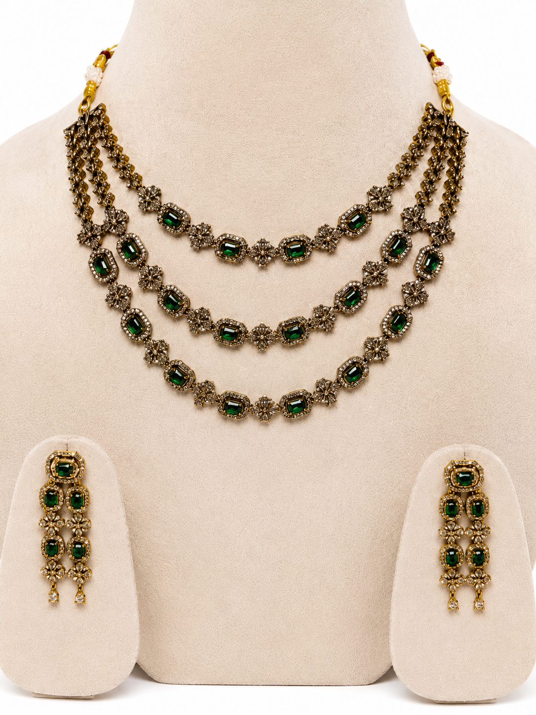 Antique Gold American Diamond Necklace Set with Green Stones & Matching Earrings