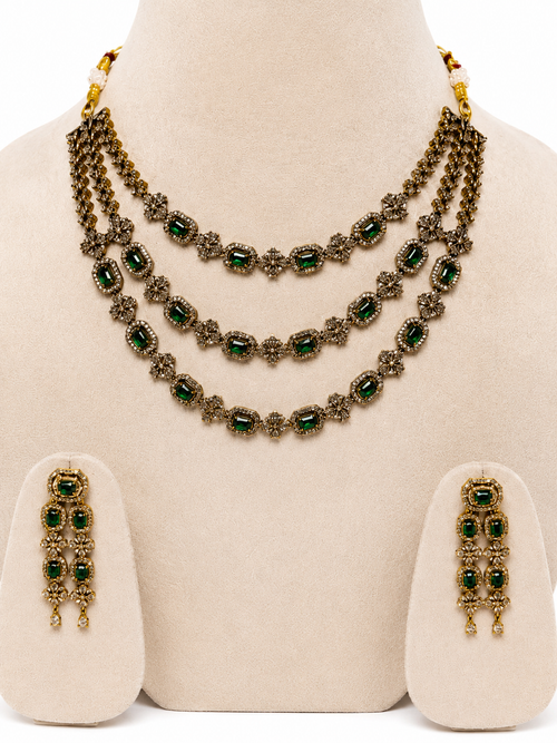 Antique Gold American Diamond Necklace Set with Green Stones & Matching Earrings