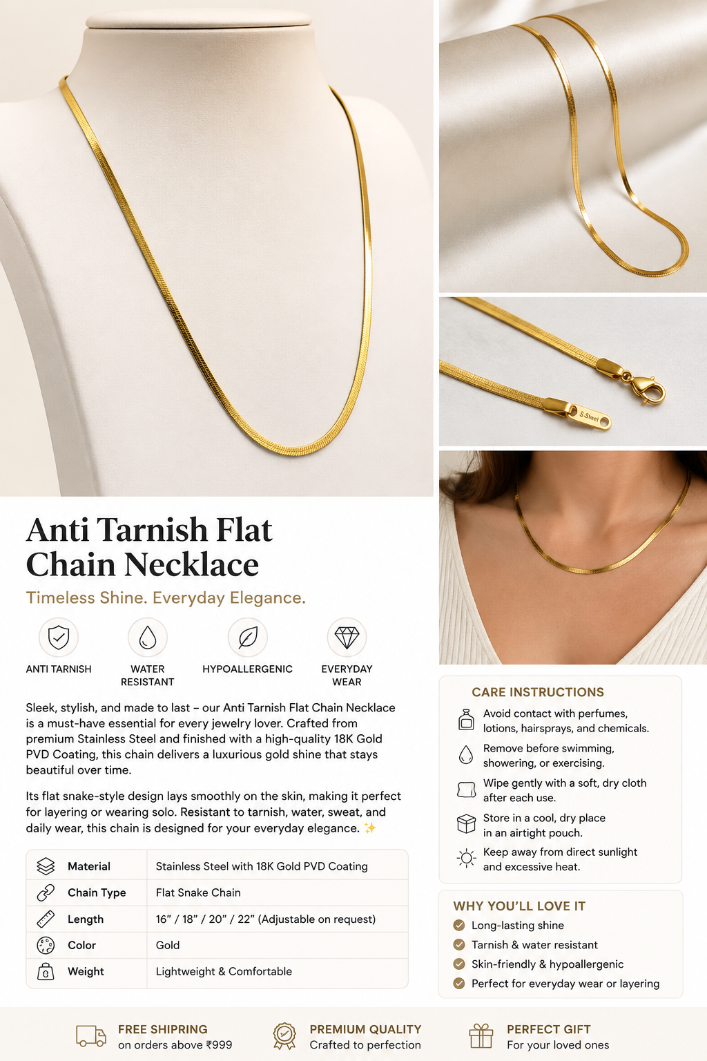 Premium Anti-Tarnish Gold Herringbone Snake Chain Necklace for Women | Waterproof Stainless Steel Flat Chain | Minimalist Layering Jewelry | Everyday Wear Gift
