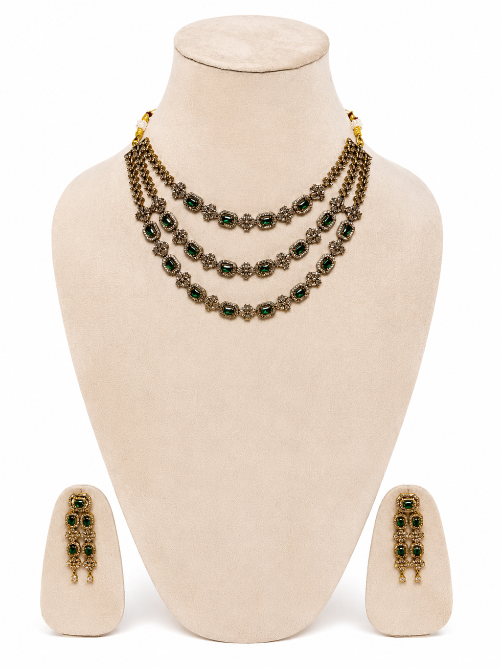 Antique Gold American Diamond Necklace Set with Green Stones & Matching Earrings