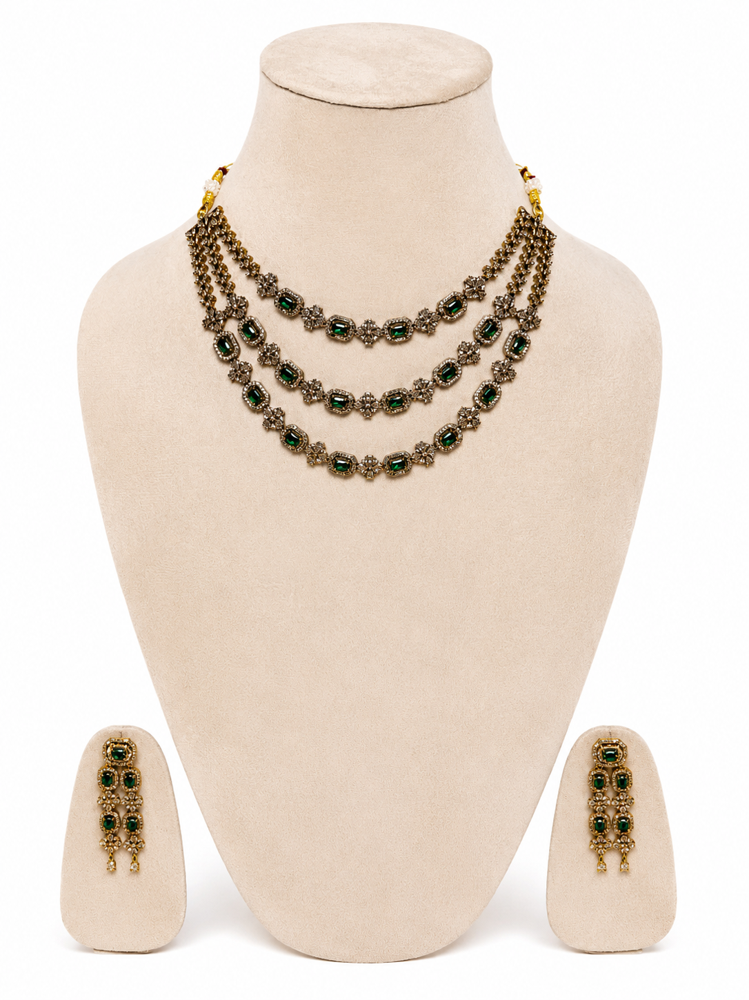 Antique Gold American Diamond Necklace Set with Green Stones & Matching Earrings