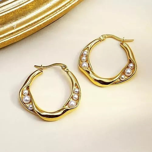 Anti tarnish Gold Pearl Hoop Earrings for Women | Elegant Round Statement Earrings |