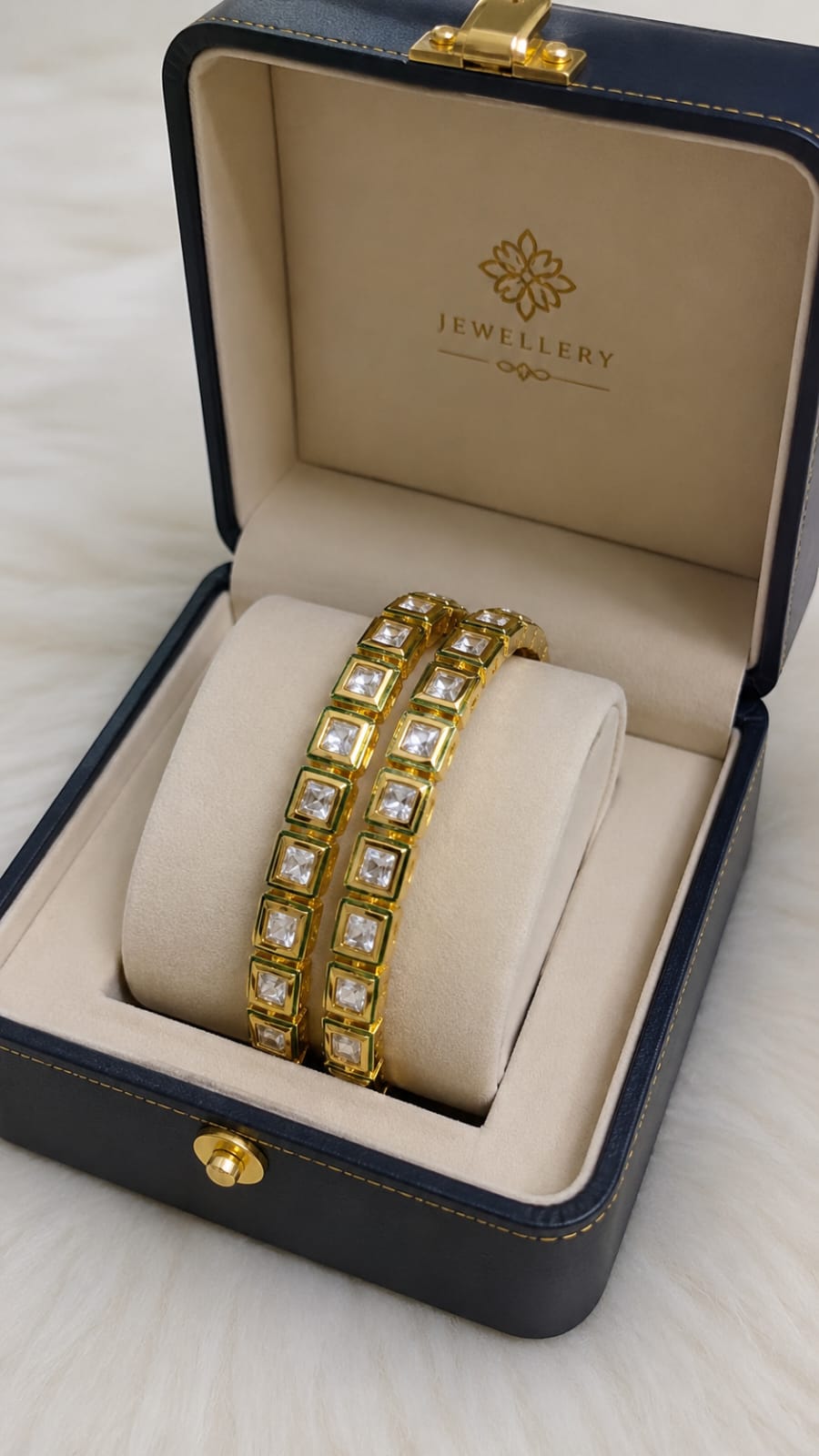 Luxe Square Crystal Bangles Set for Women – Gold Plated Cubic Zirconia Bracelet Bangles | Elegant Party, Wedding & Festive Jewelry