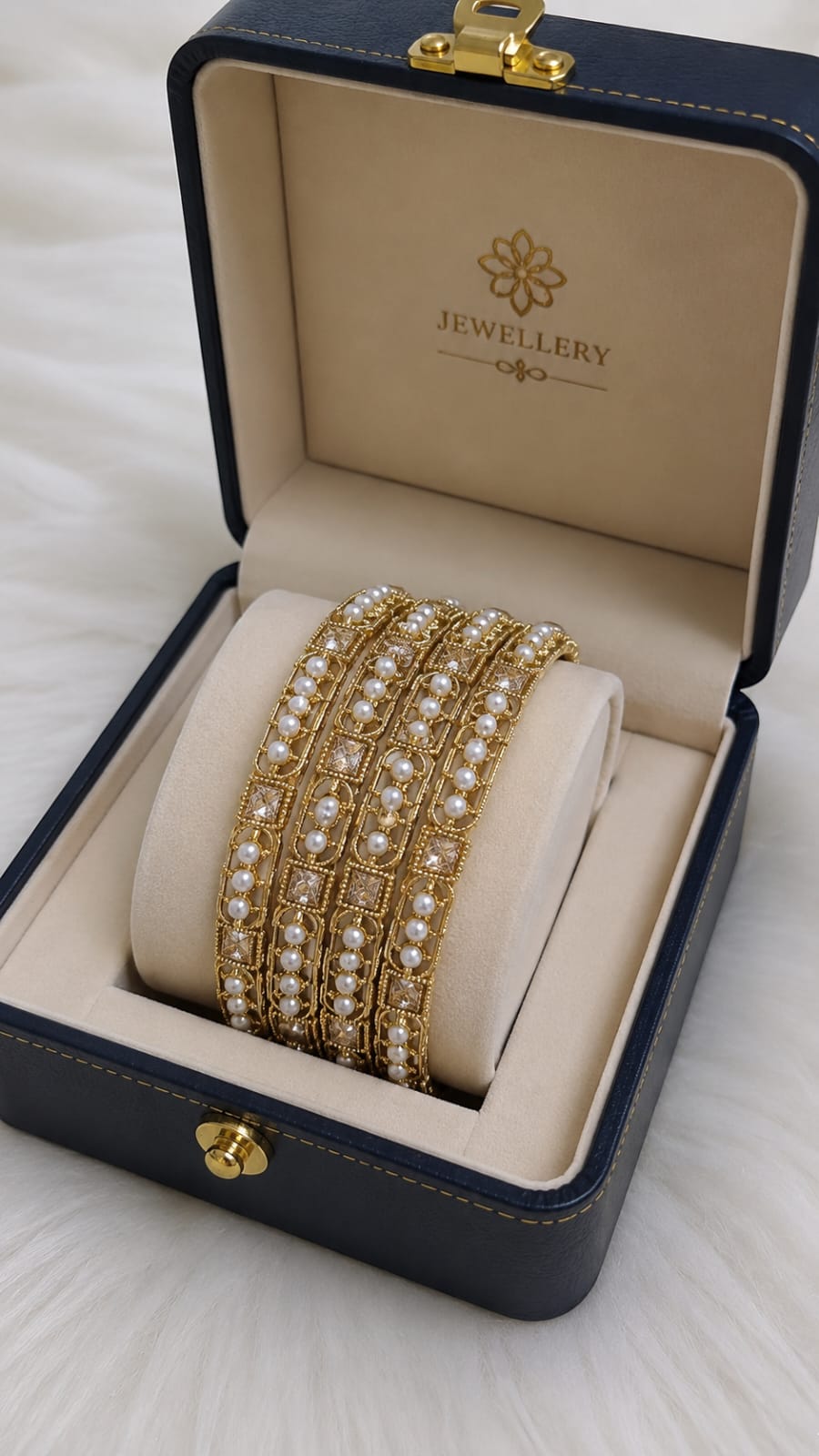 Gold Pearl & American Diamond Bangles Set