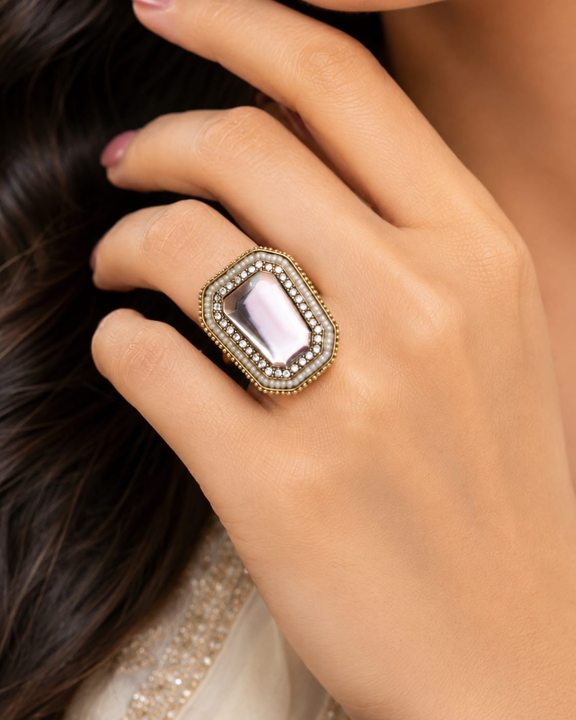 Gold Plated Stainless Steel Ring with Emerald-Cut Green Stone, Crystal Halo & Pearl Accents