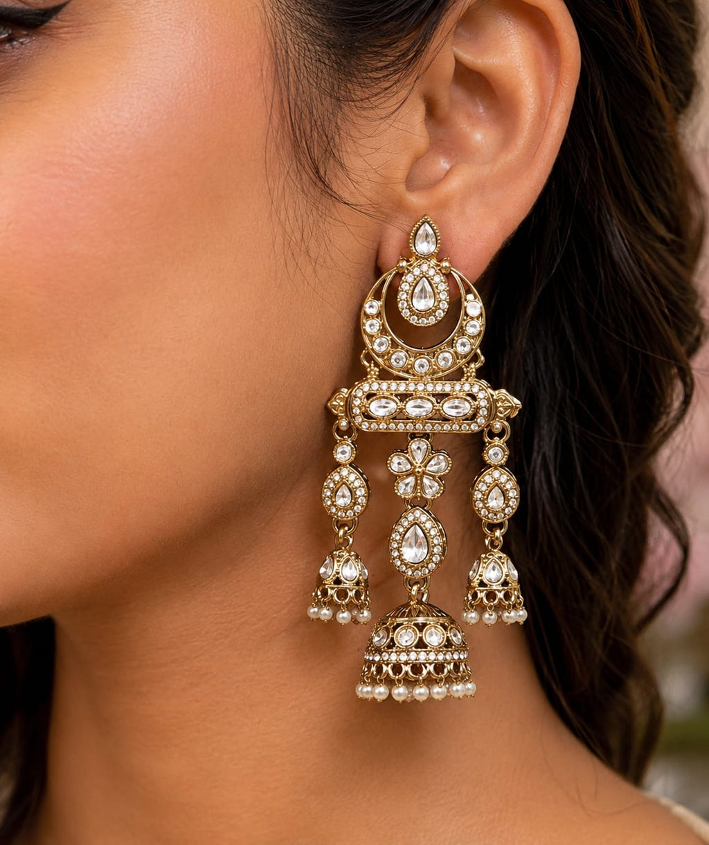 Antique Gold Kundan Chandbali Jhumka Earrings
