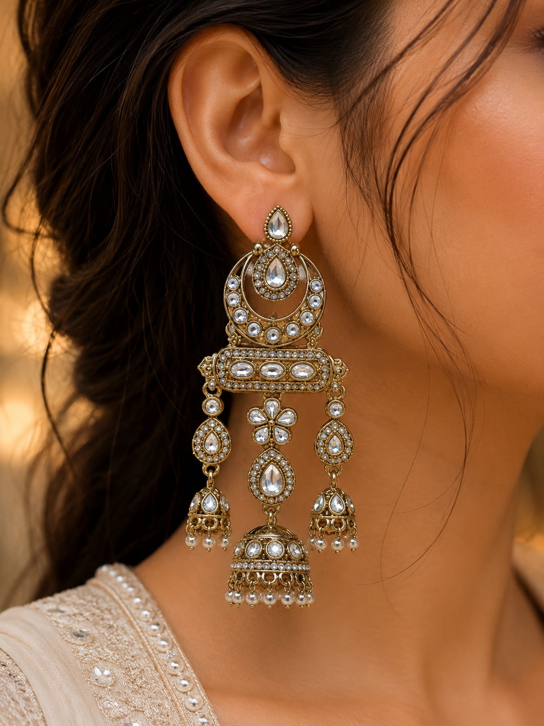 Antique Gold Kundan Chandbali Jhumka Earrings