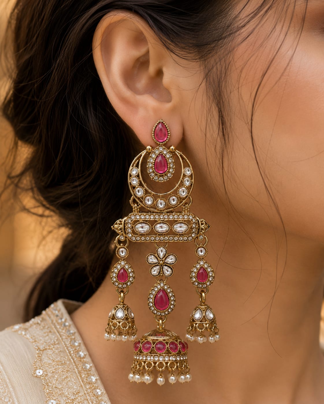 Antique Gold Kundan Chandbali Jhumka Earrings
