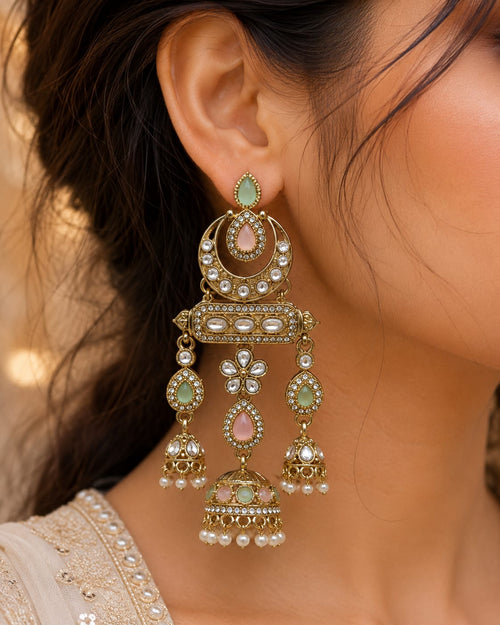 Antique Gold Kundan Chandbali Jhumka Earrings