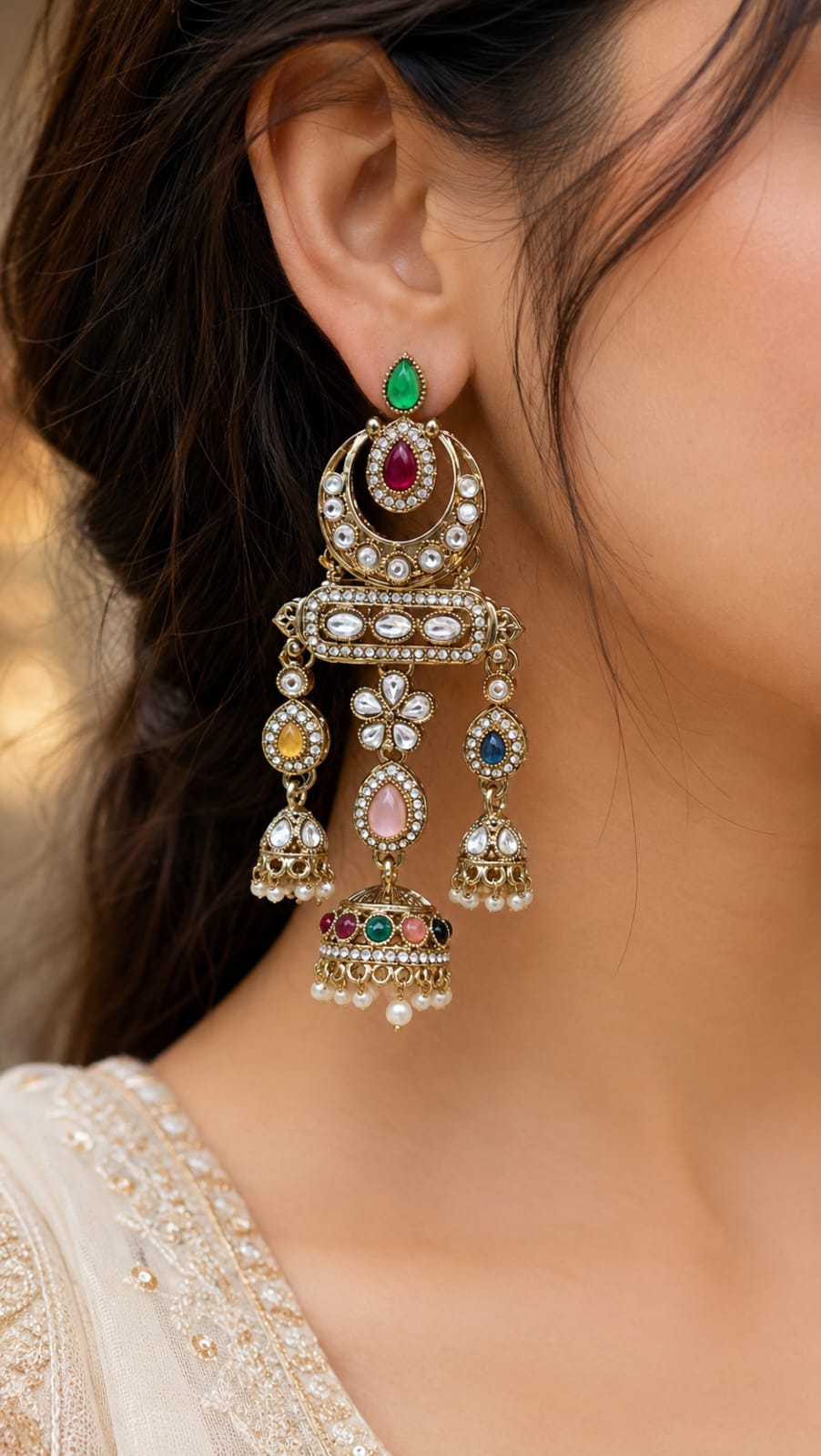 Antique Gold Kundan Chandbali Jhumka Earrings