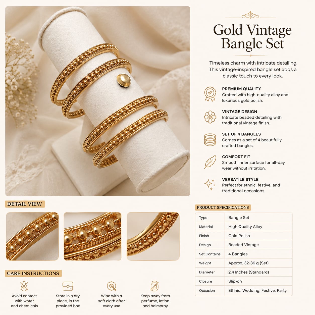 Traditional Antique Gold-Tone Textured Bangles Set of 4 | Ethnic Women's Bracelet Stack