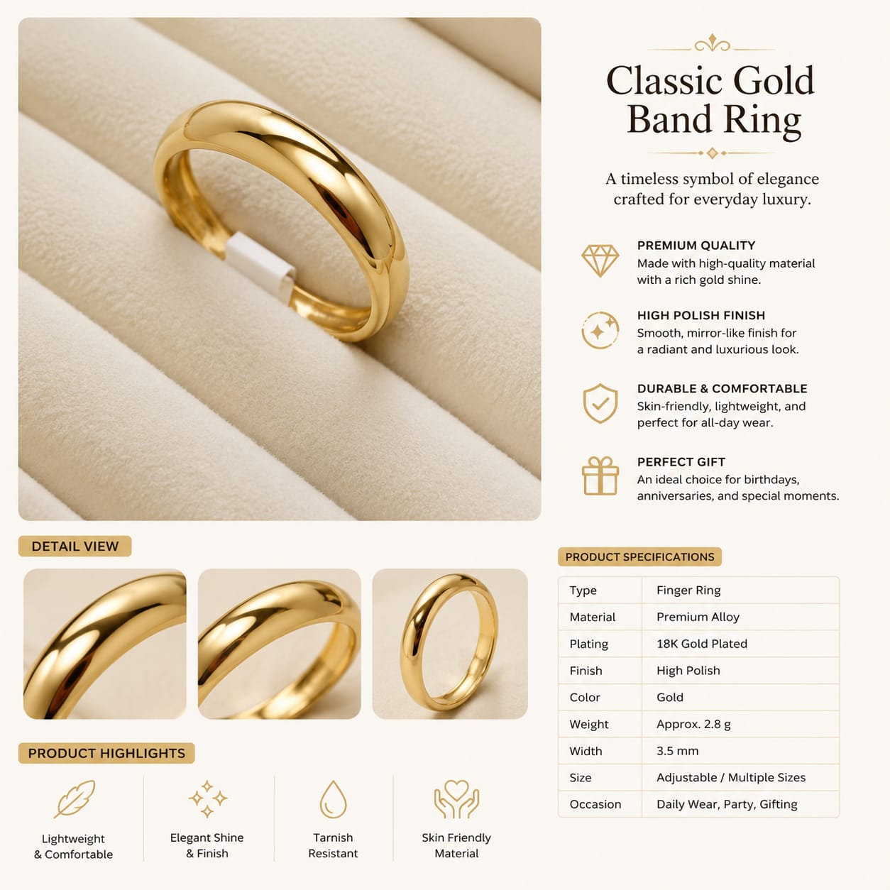 Minimalist Gold Dome Ring for Women - Anti Tarnish
