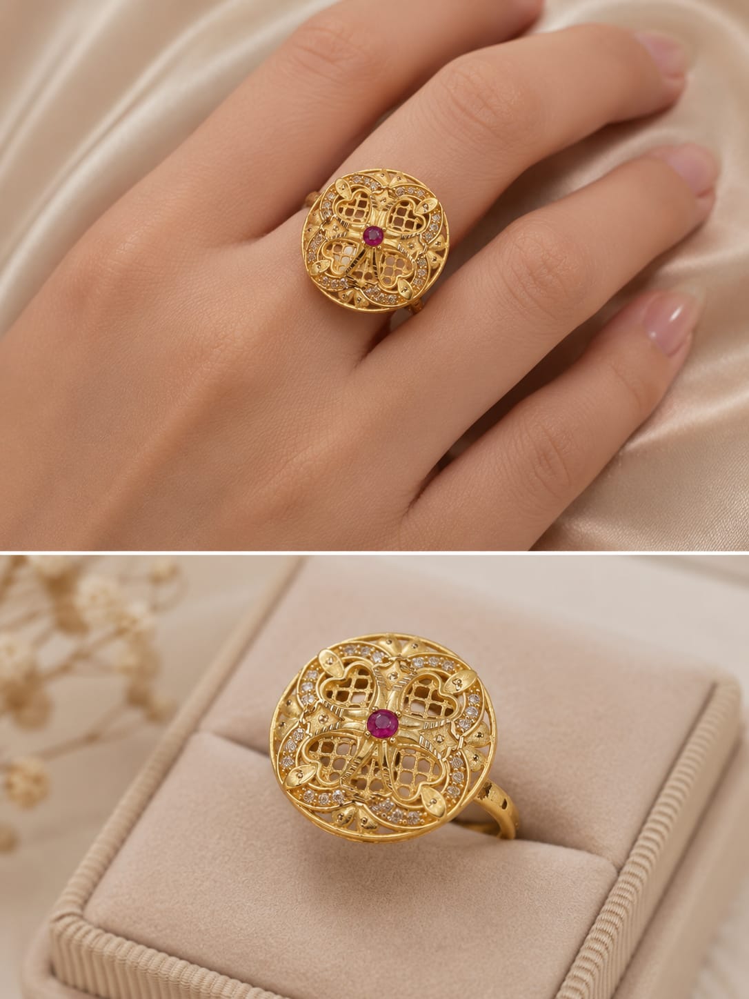 Gold Floral Adjustable Statement Ring
