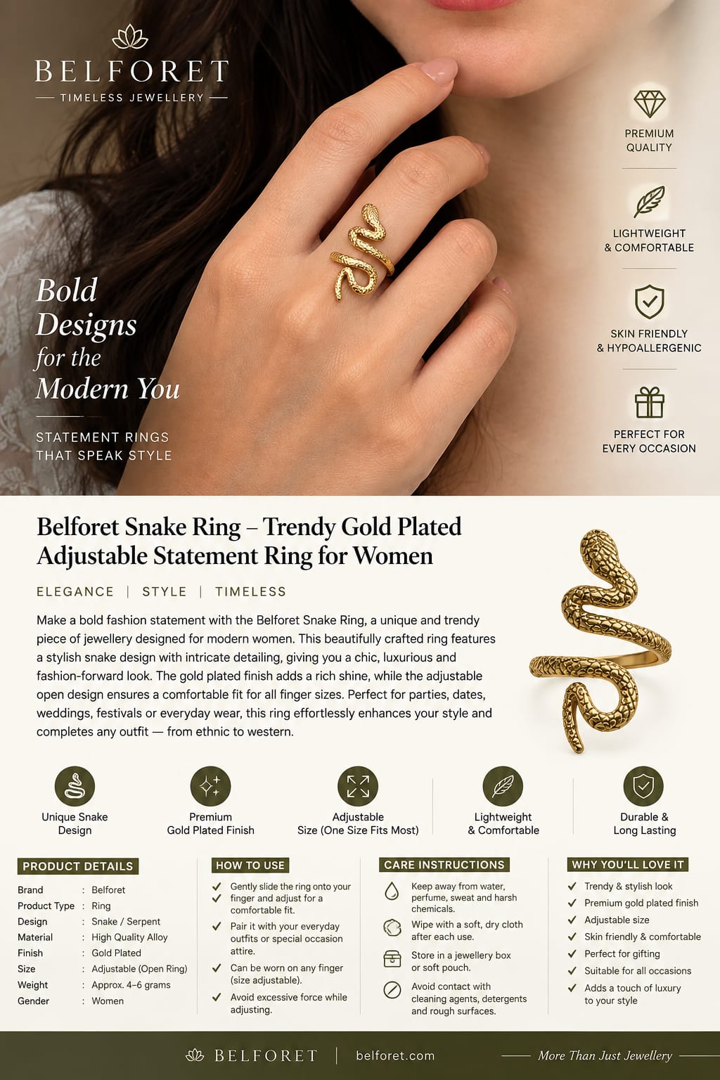 Anti tarnish Belforet Snake Ring for Women – Gold Plated Adjustable Statement Ring |