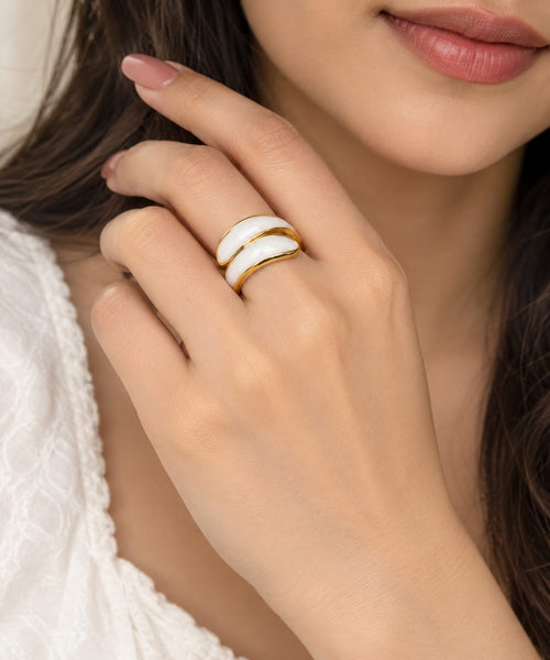 Anti tarnish  Elegant White Enamel Gold-Tone Statement Ring for Women | Minimalist Luxury Fashion Jewelry