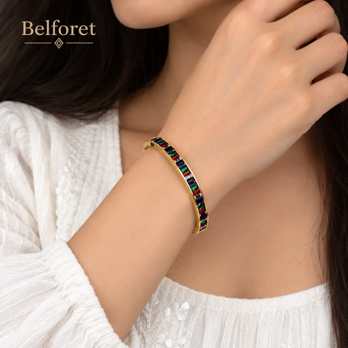 Anti Tarnish Multicolor Stone Gold-Tone Bangle Bracelet for Women
