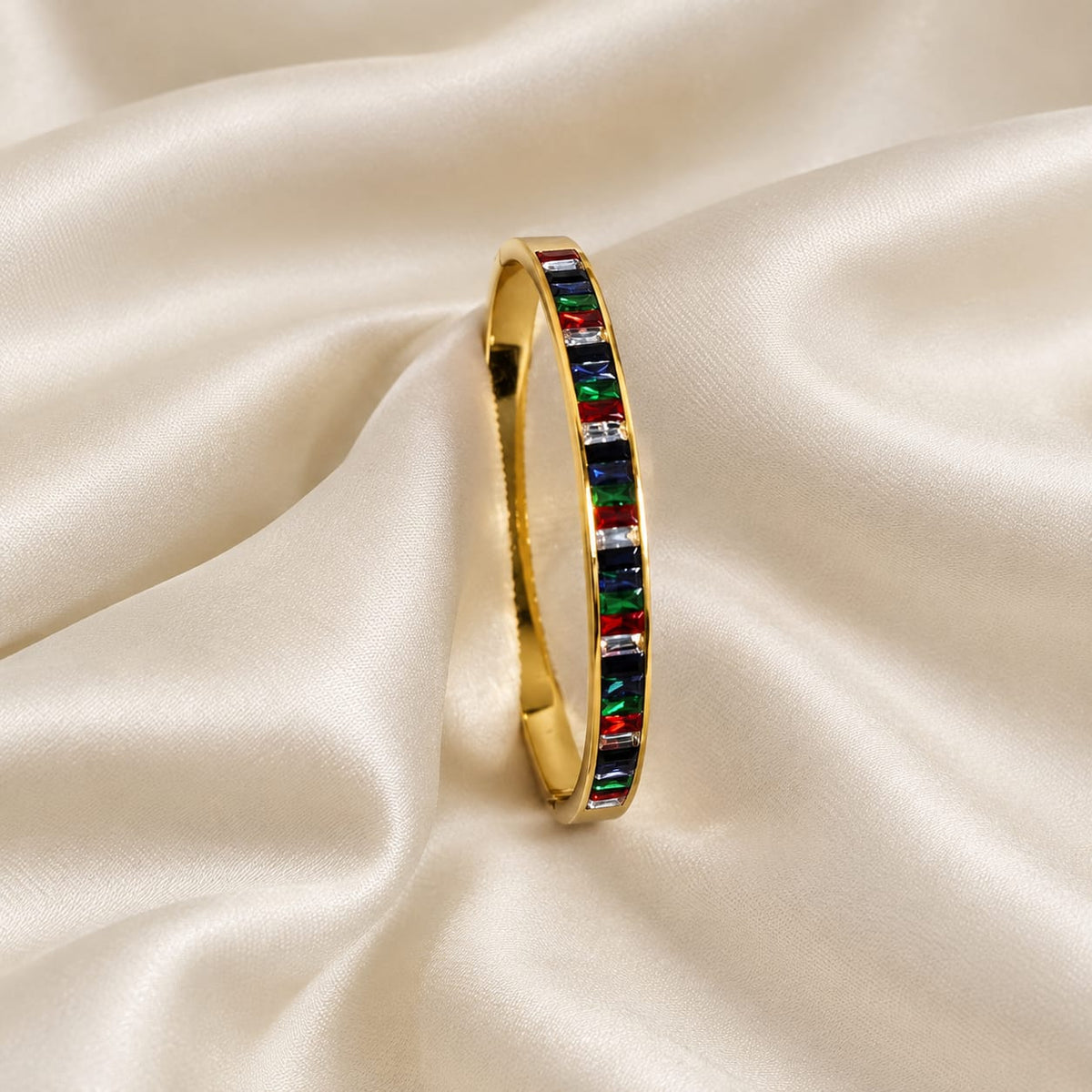 Anti Tarnish Multicolor Stone Gold-Tone Bangle Bracelet for Women