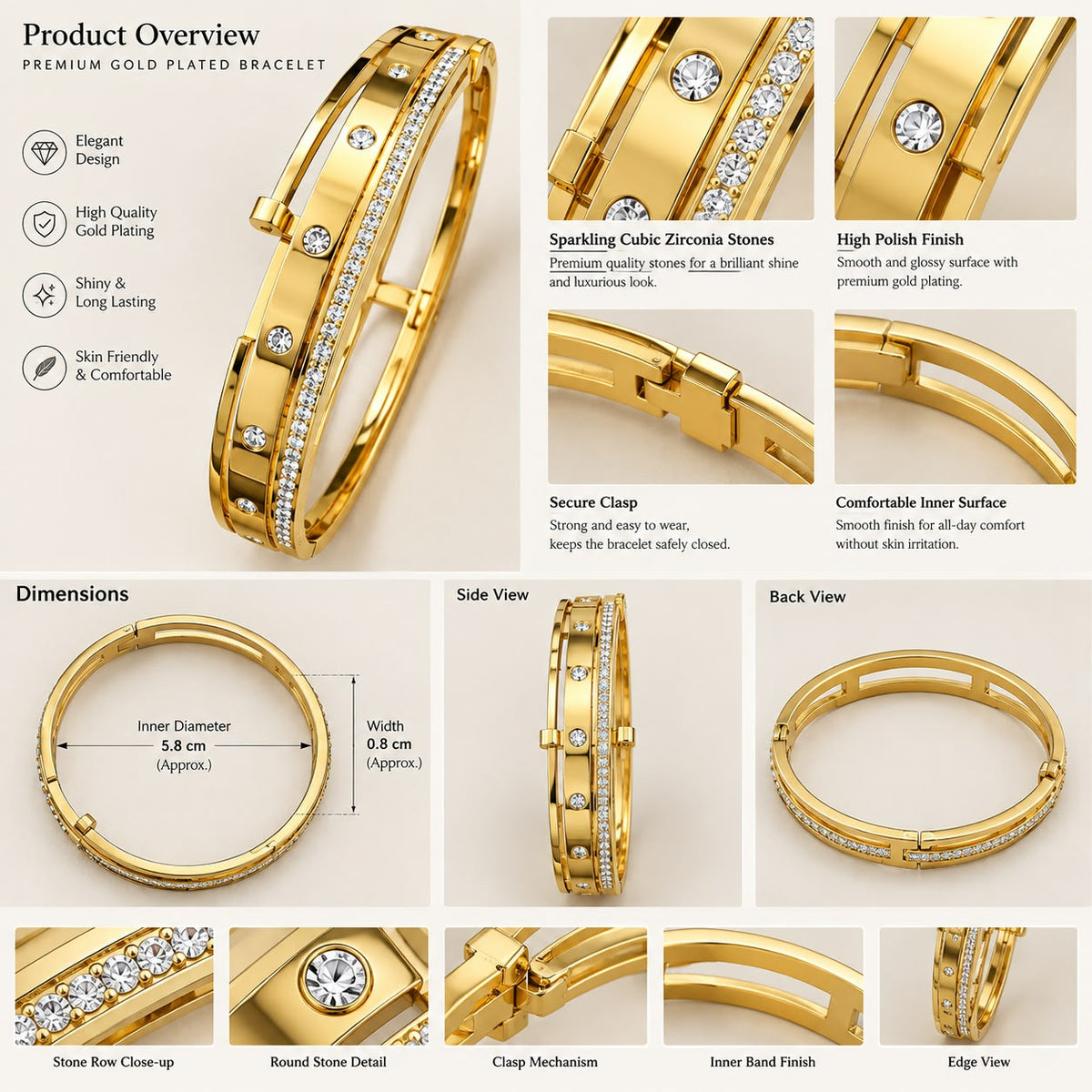 Anti tarnish Luxury Gold-Tone CZ Stone Cuff Bracelet for Women