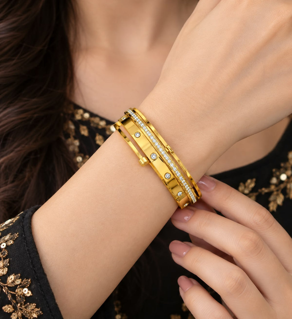 Anti tarnish Luxury Gold-Tone CZ Stone Cuff Bracelet for Women