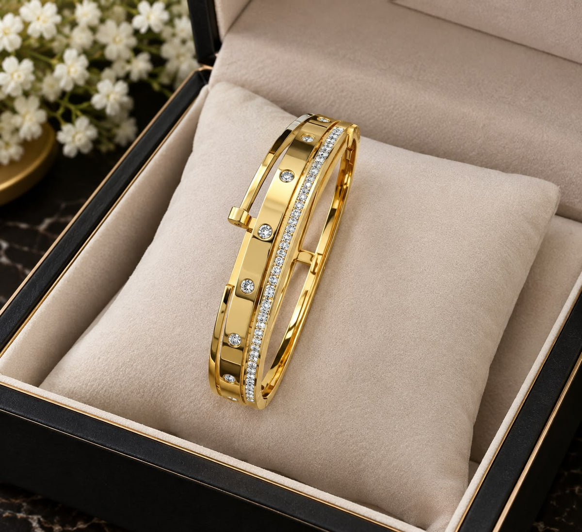 Anti tarnish Luxury Gold-Tone CZ Stone Cuff Bracelet for Women