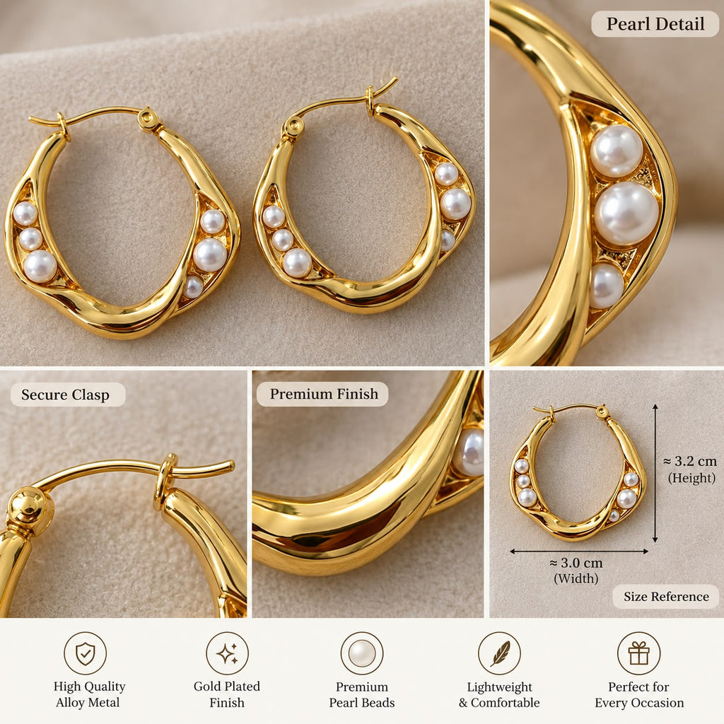 Anti tarnish Gold Pearl Hoop Earrings for Women | Elegant Round Statement Earrings |
