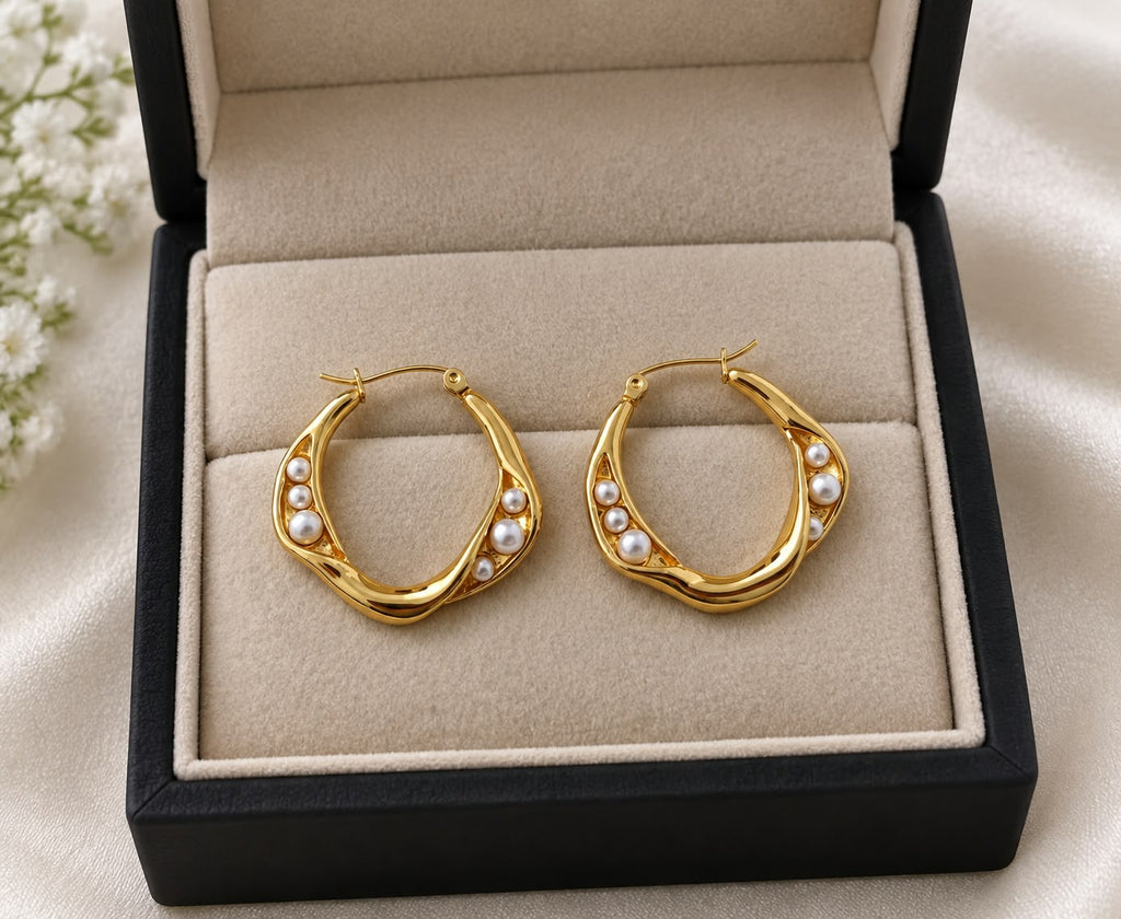 Anti tarnish Gold Pearl Hoop Earrings for Women | Elegant Round Statement Earrings |