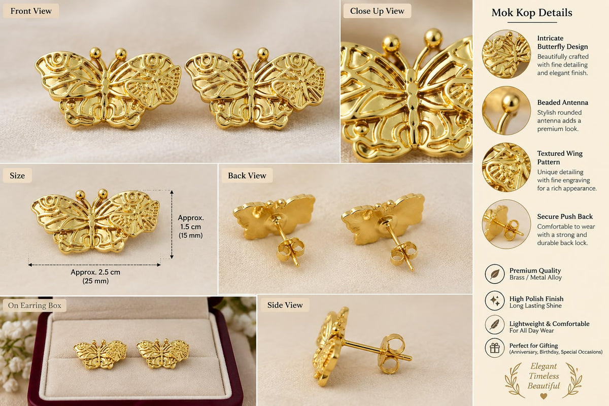 Anti tarnish Title Gold Butterfly Stud Earrings for Women
