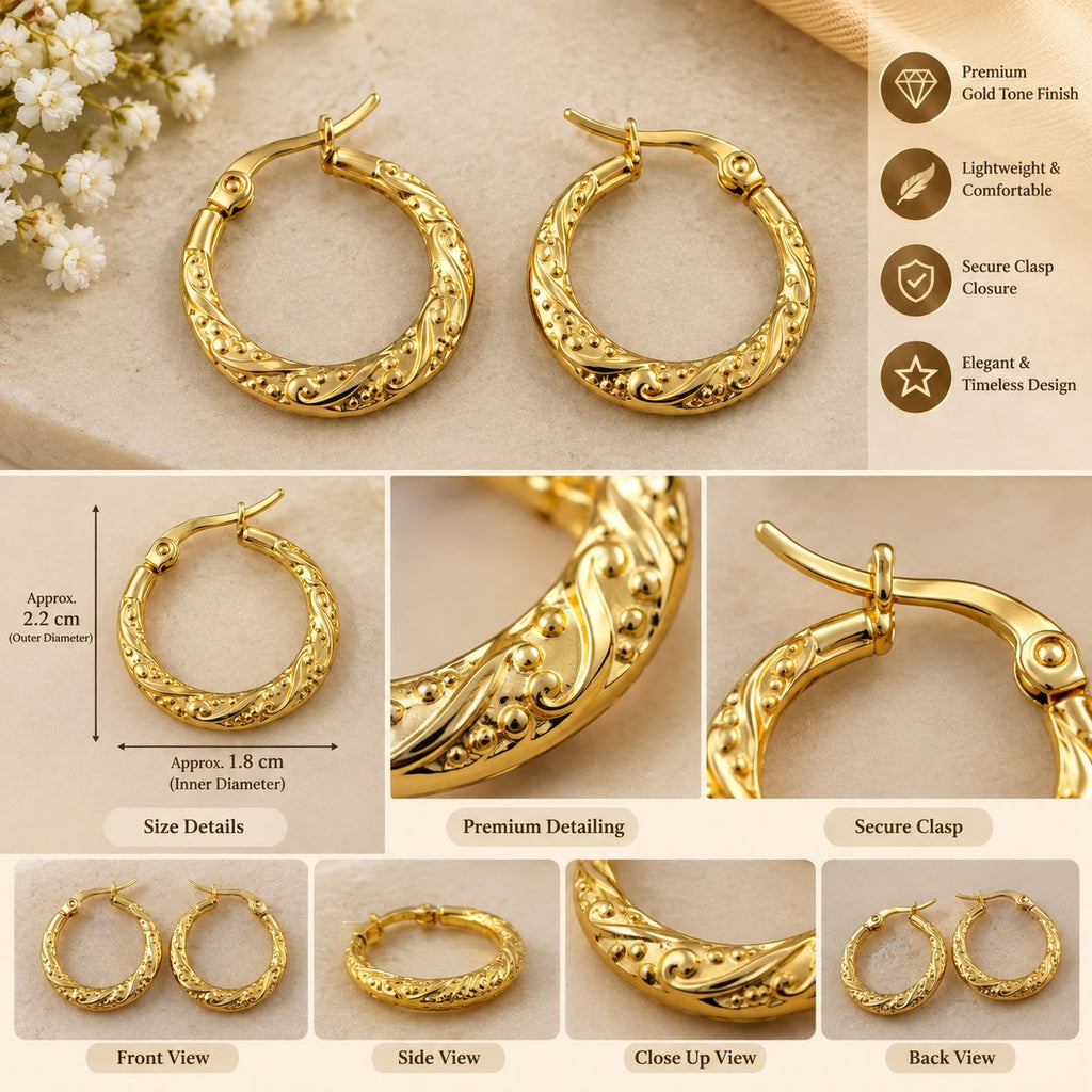 Anti tarnish Gold Tone Ornate Hoop Earrings for Women