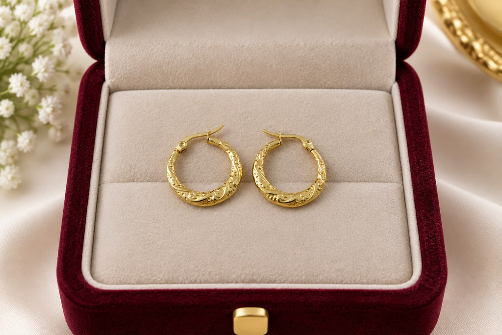 Anti tarnish Gold Tone Ornate Hoop Earrings for Women
