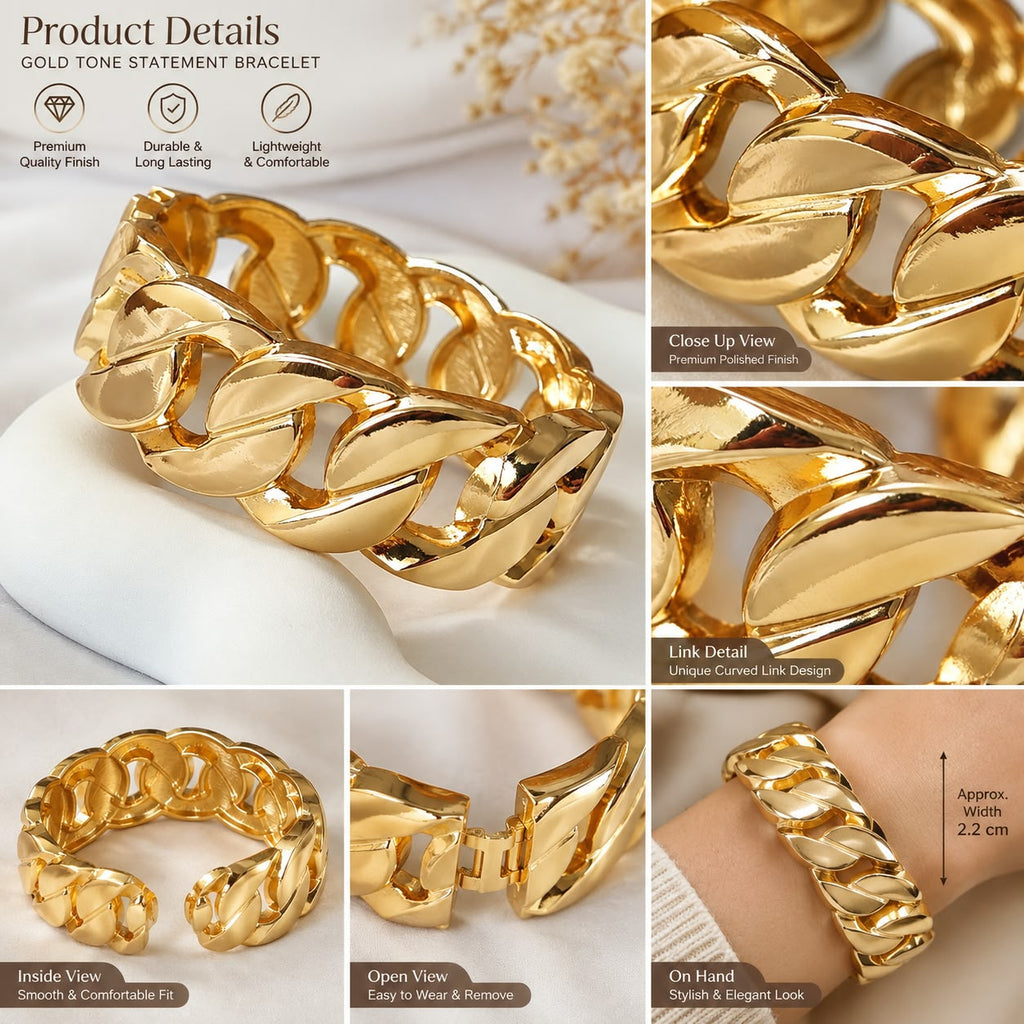 Anti tarnish Gold Tone Statement Cuff Bracelet for Women | Elegant Textured Link Bangle
