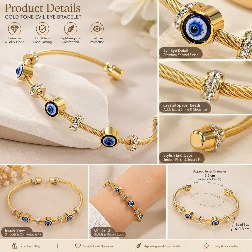 Anti tarnish Gold Tone Evil Eye Bracelet for Women – Blue Enamel Nazar Charm,