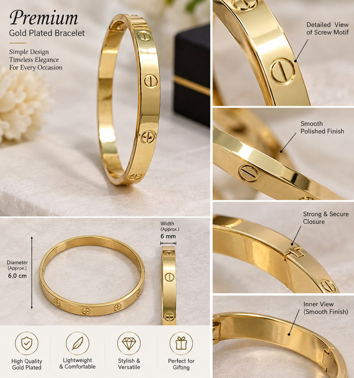 Anti tarnish stenles steel Gold Plated Screw Motif Bangle Bracelet for Women