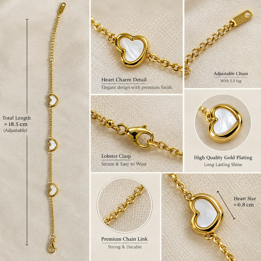 Anti tarnish Gold Heart Charm Bracelet for Women | Dainty White Heart Link Bracelet