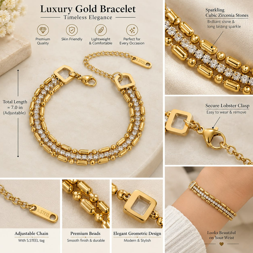 Anti tarnish Gold Tone Stainless Steel Crystal Bracelet for Women | 3-Row CZ Rhinestone Chain Bracelet