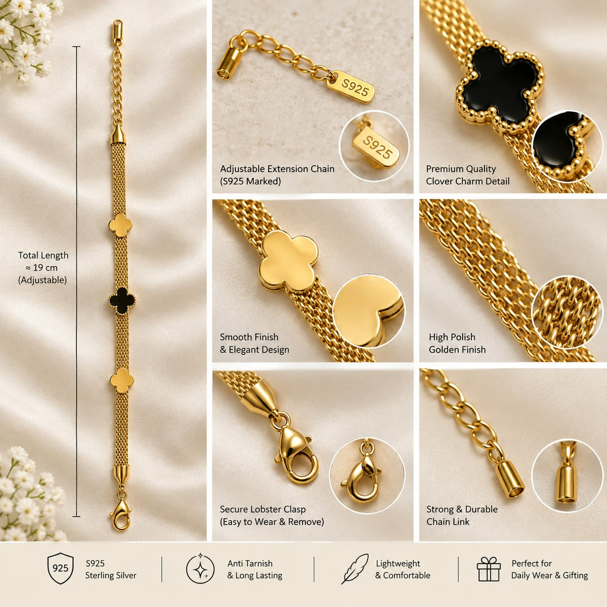 Anti tarnish Gold Clover Charm Mesh Bracelet for Women | Elegant Gold-Tone Adjustable Chain Bracelet
