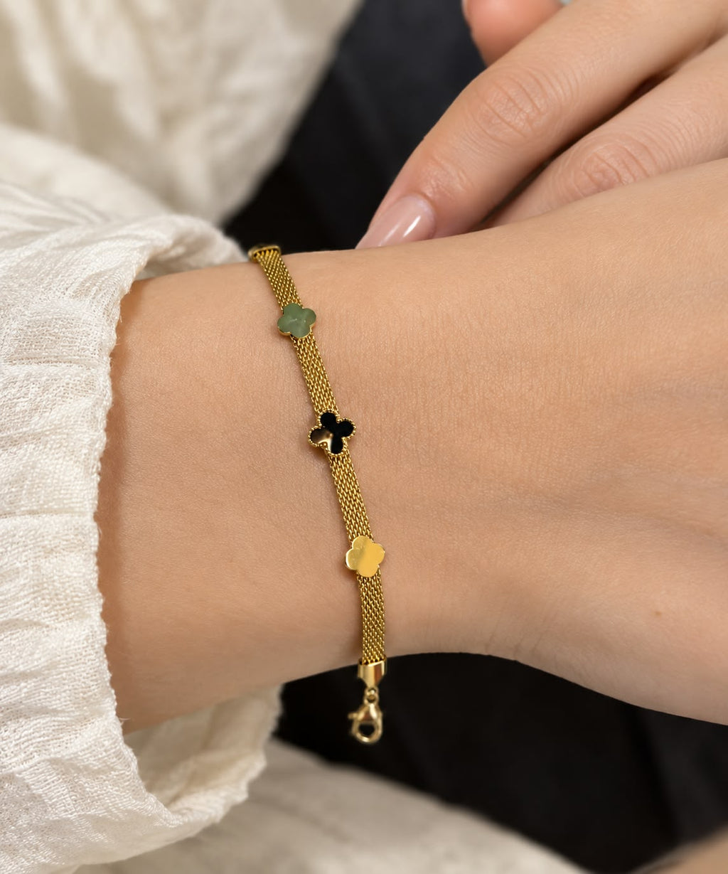 Anti tarnish Gold Clover Charm Mesh Bracelet for Women | Elegant Gold-Tone Adjustable Chain Bracelet
