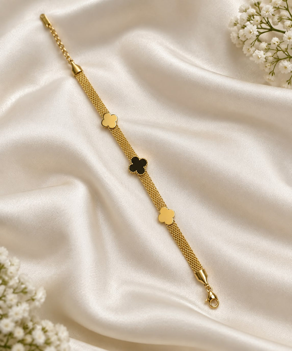 Anti tarnish Gold Clover Charm Mesh Bracelet for Women | Elegant Gold-Tone Adjustable Chain Bracelet