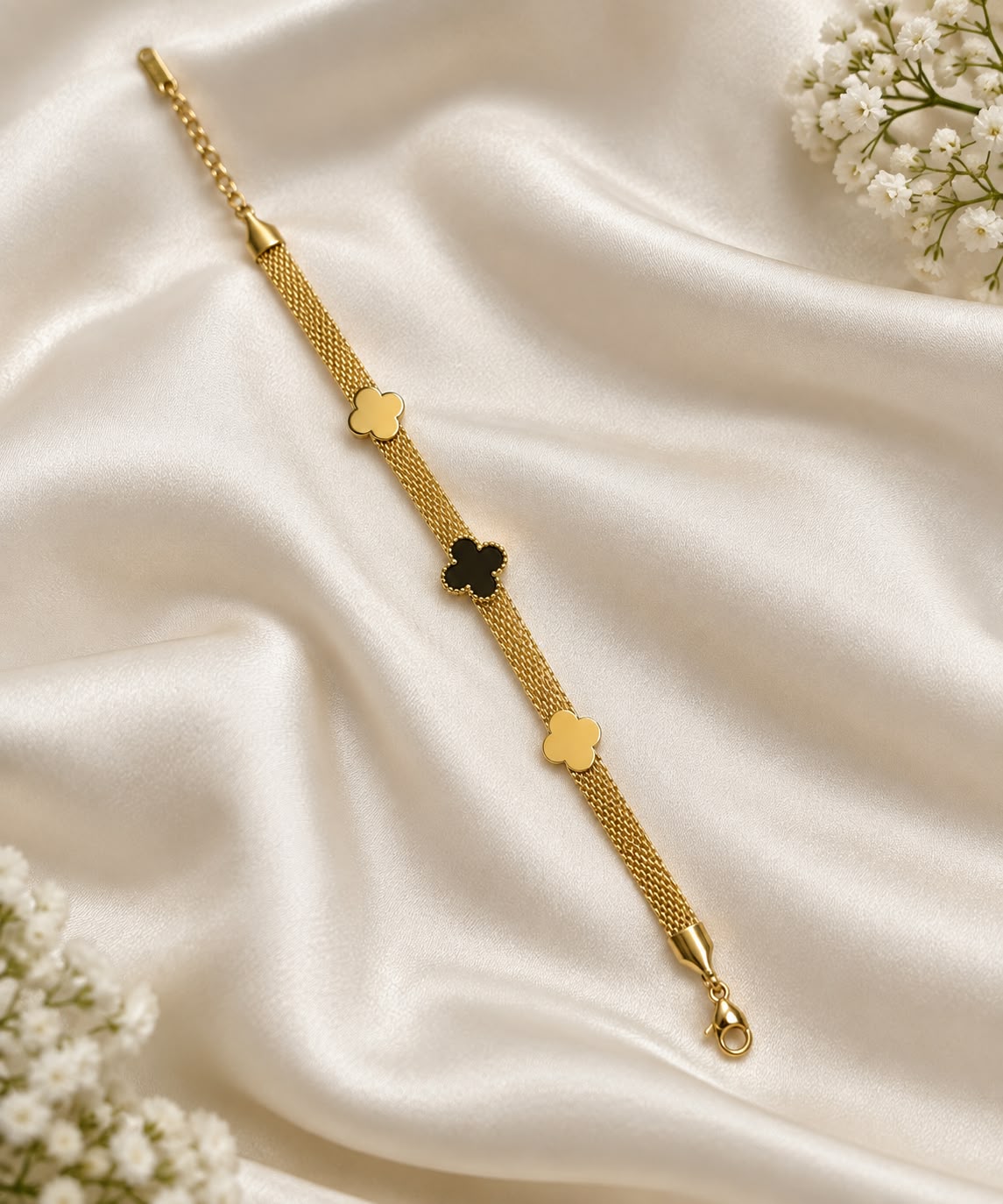 Anti tarnish Gold Clover Charm Mesh Bracelet for Women | Elegant Gold-Tone Adjustable Chain Bracelet