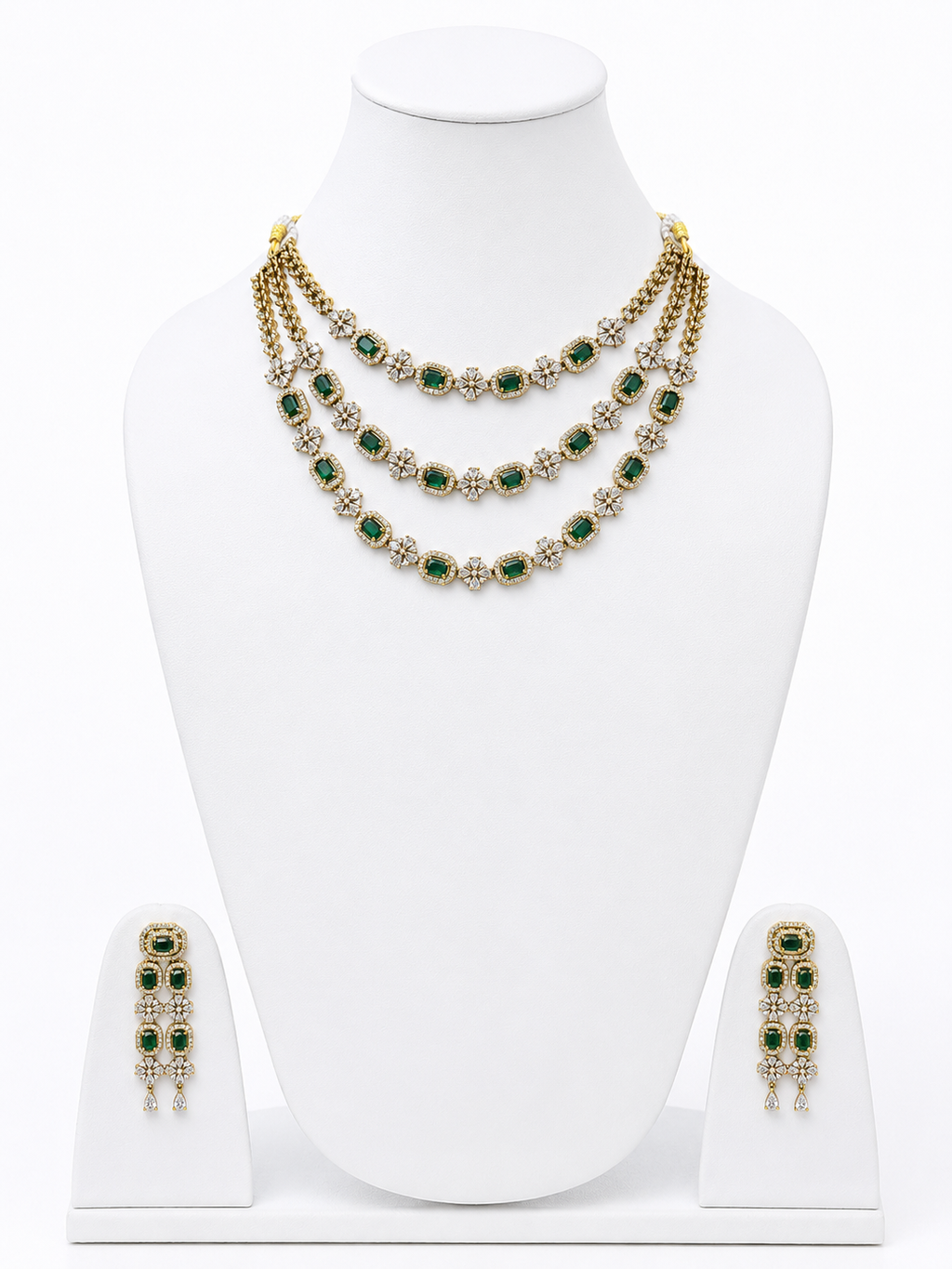 Luxury American Diamond Triple Layer Necklace & Earrings Set for Women