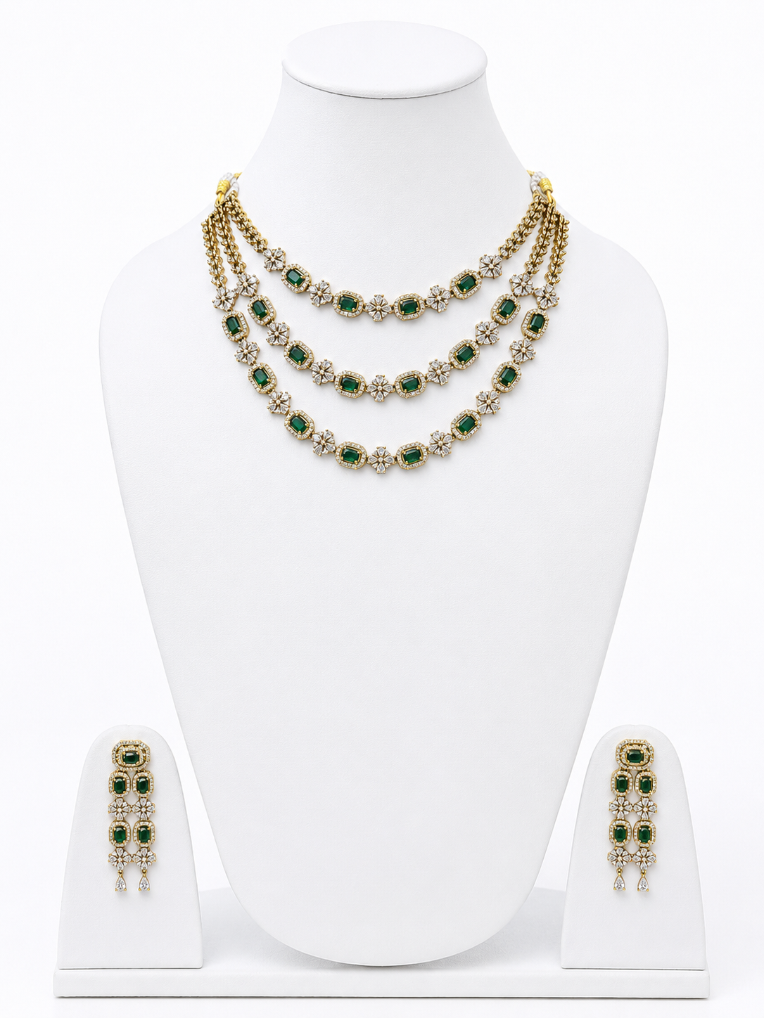 Luxury American Diamond Triple Layer Necklace & Earrings Set for Women